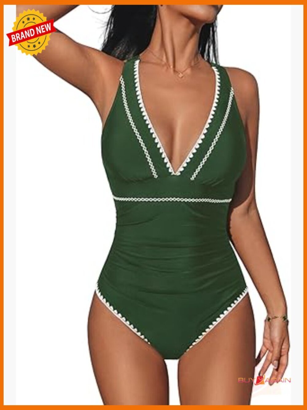 One Piece Swimsuit V Neck Shell Stitched Adjustable Crisscross Straps Ruched